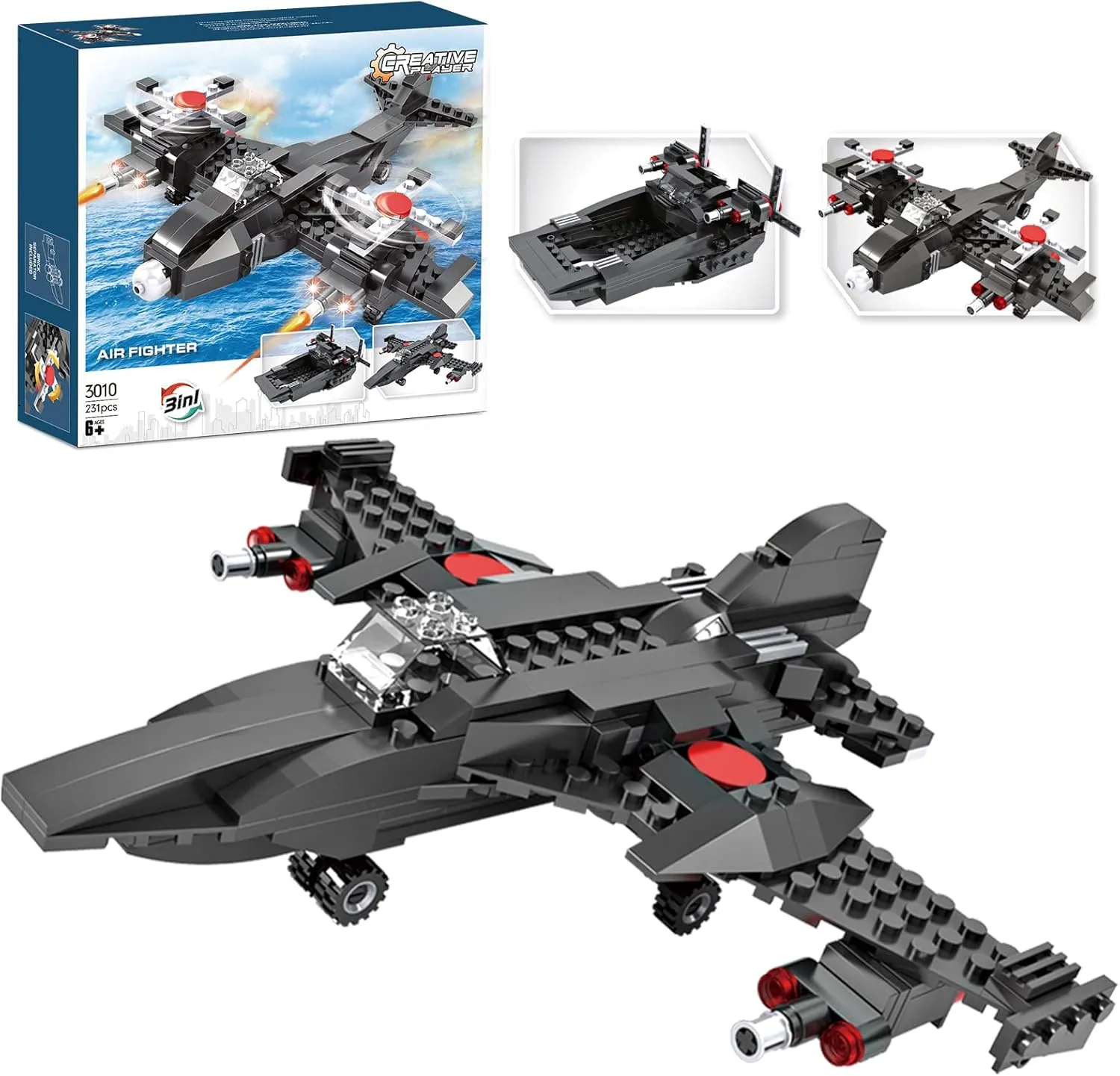 3in1 Fighter Jet Building Sets Military War Plane Building Kit Creator Army Airplane Gunship Building Toys Battle Warship Play Set Gift for Kids Aged 6-12, 231 Pieces