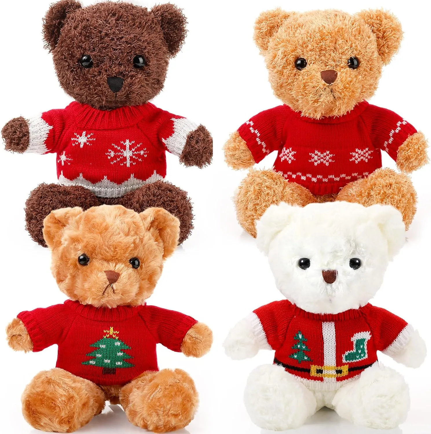 4 Pcs Christmas Bear Stuffed Animals with Doll Clothes 12 Inch Cute Plush Bear with Removable Sweater Hoodie Xmas Accessories for Plush Dolls DIY Change Clothes(Bright Style)