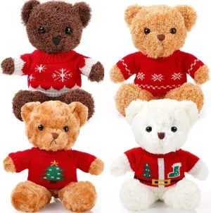 4 Pcs Christmas Bear Stuffed Animals with Doll Clothes 12 Inch Cute Plush Bear with Removable Sweater Hoodie Xmas Accessories for Plush Dolls DIY Change Clothes(Bright Style)
