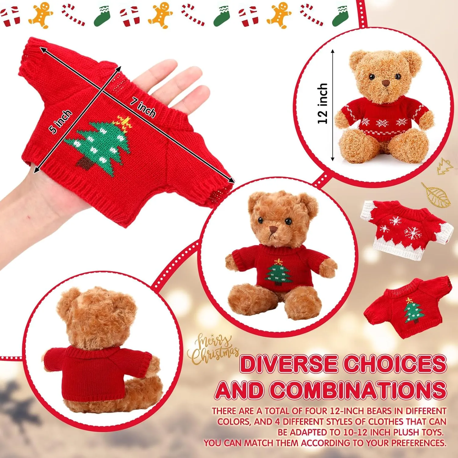 4 Pcs Christmas Bear Stuffed Animals with Doll Clothes 12 Inch Cute Plush Bear with Removable Sweater Hoodie Xmas Accessories for Plush Dolls DIY Change Clothes(Bright Style)