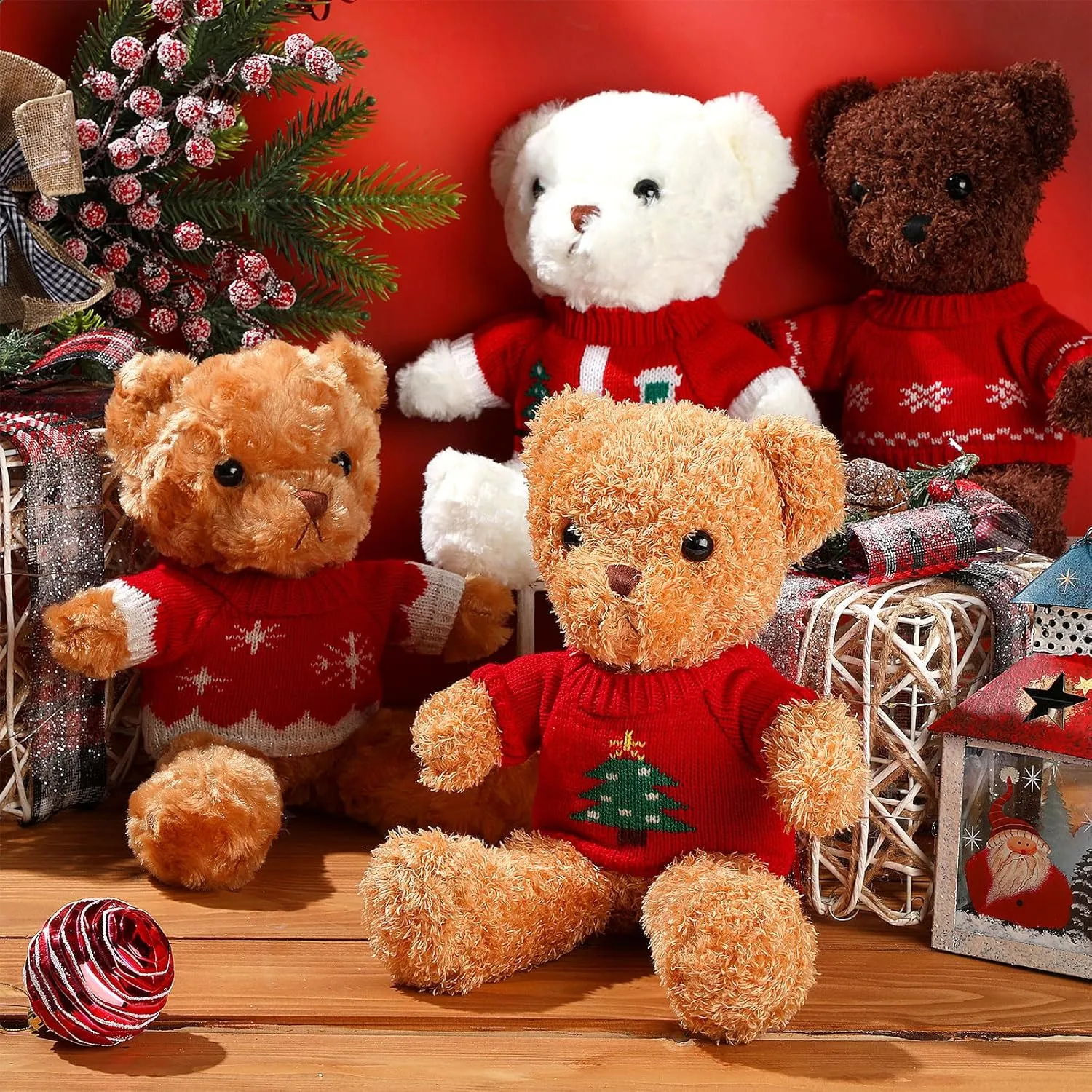 4 Pcs Christmas Bear Stuffed Animals with Doll Clothes 12 Inch Cute Plush Bear with Removable Sweater Hoodie Xmas Accessories for Plush Dolls DIY Change Clothes(Bright Style)