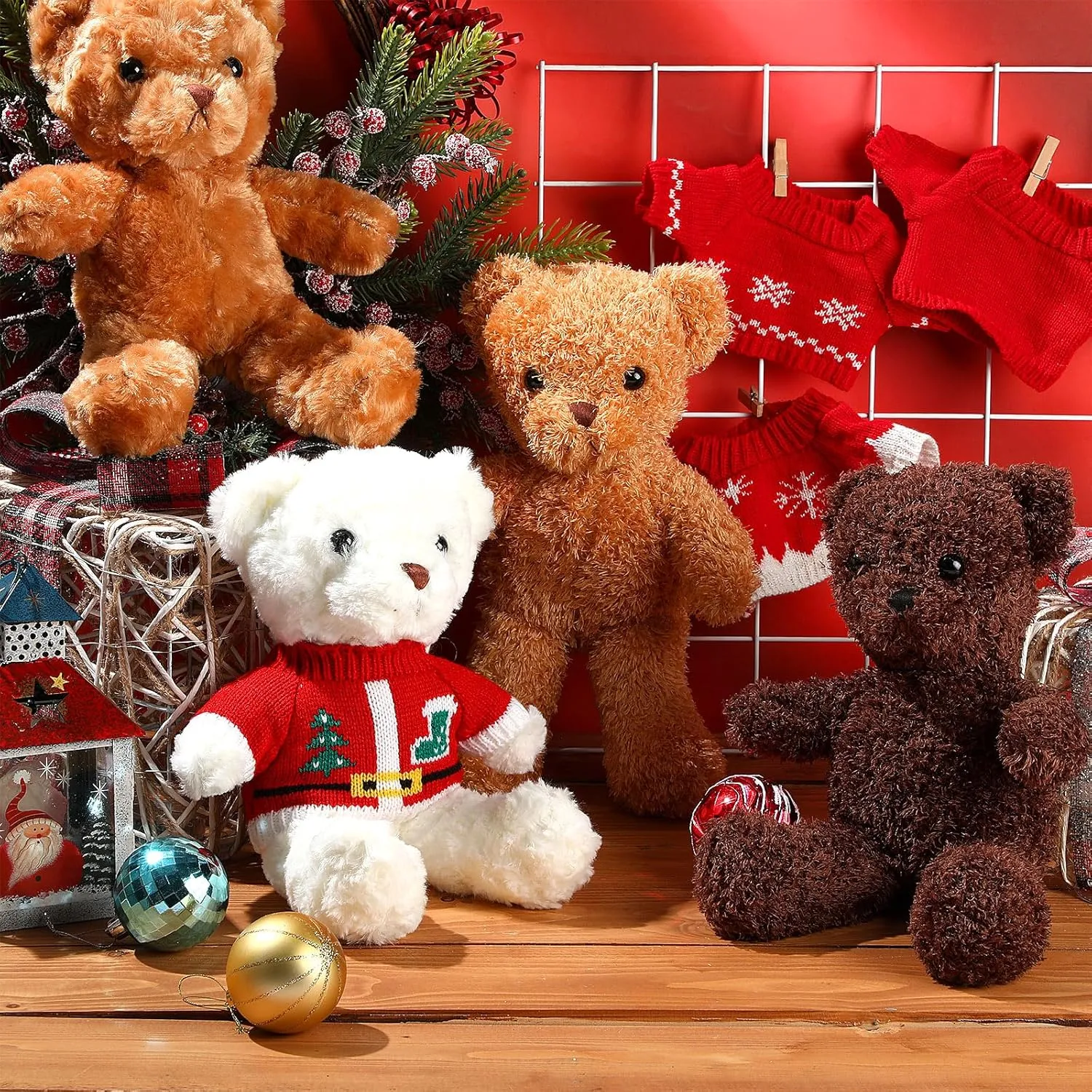 4 Pcs Christmas Bear Stuffed Animals with Doll Clothes 12 Inch Cute Plush Bear with Removable Sweater Hoodie Xmas Accessories for Plush Dolls DIY Change Clothes(Bright Style)