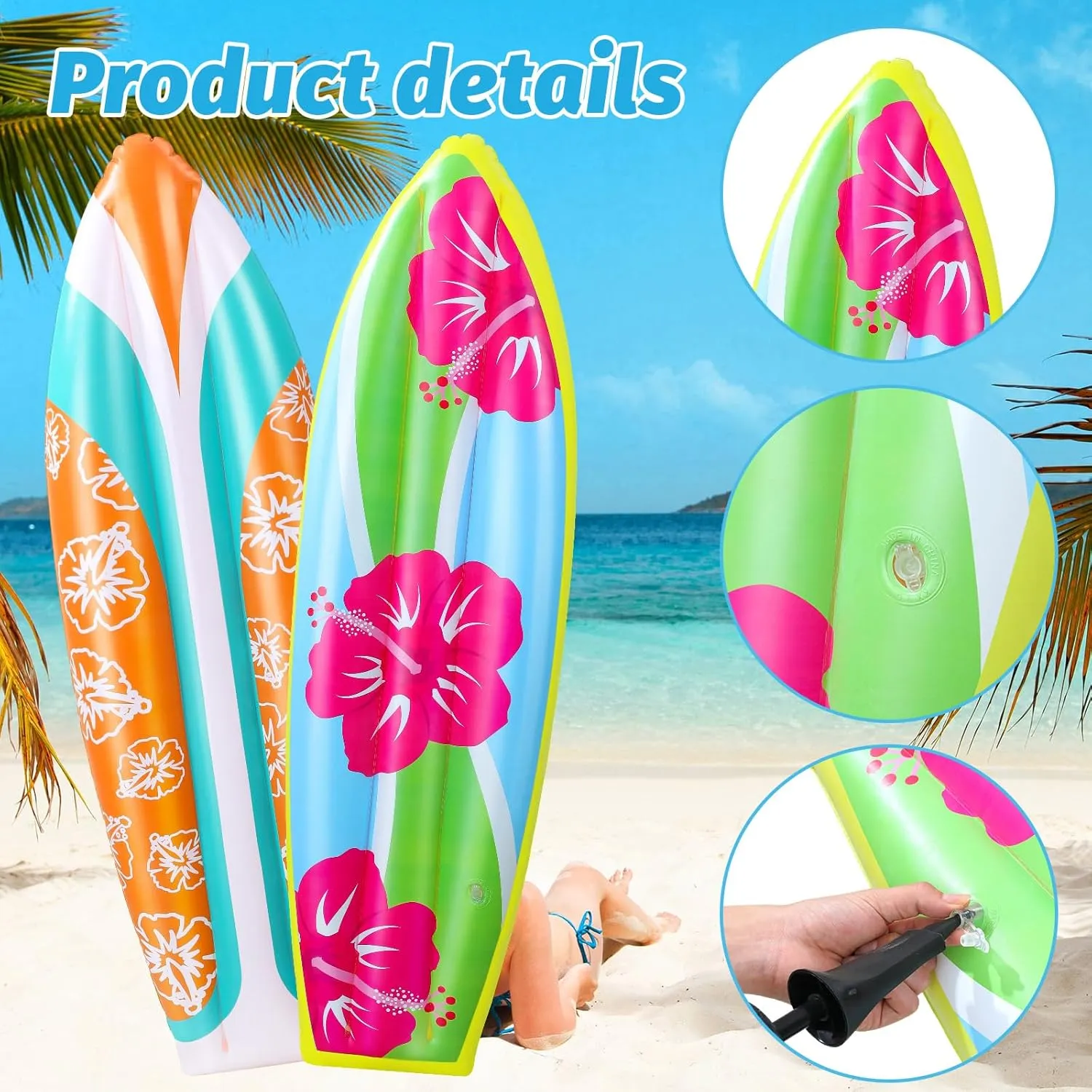4 Pcs Inflatable Surf Board 36 Inch Inflatable Pool Floats Luau Hawaiian Party Decorations Tropical Flower Blow up Surfboard for Wall Beach Party Decorations