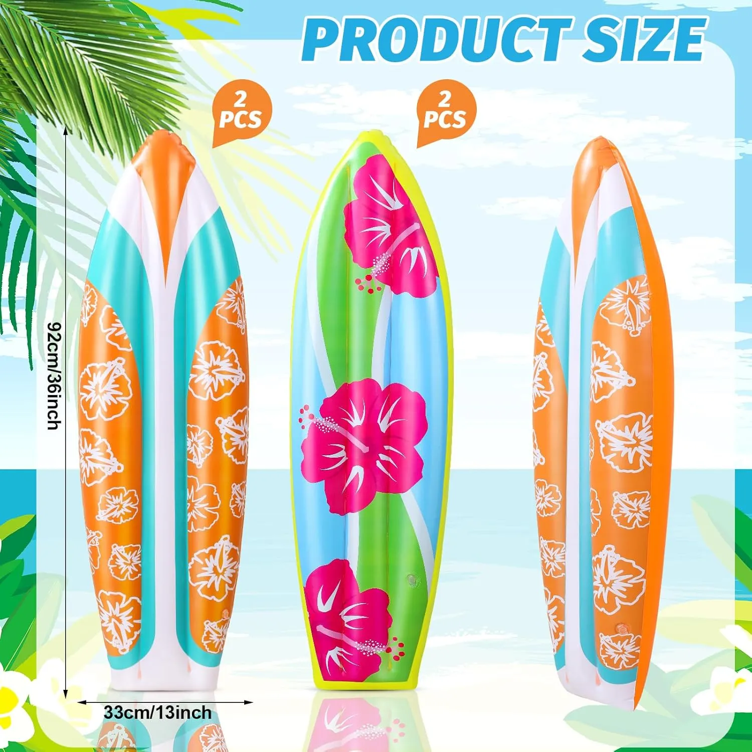 4 Pcs Inflatable Surf Board 36 Inch Inflatable Pool Floats Luau Hawaiian Party Decorations Tropical Flower Blow up Surfboard for Wall Beach Party Decorations