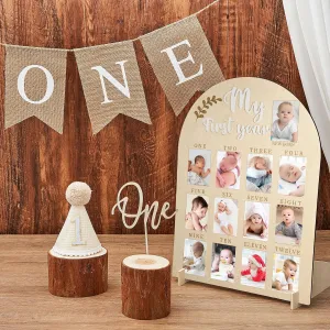 4 Pcs My First Year Photo Board 1st Birthday Wood Acrylic Sign 12 Monthly Picture Frame First Birthday High Chair Banner Cone Hat One Cake Topper First Birthday Decorations for Boy Girls