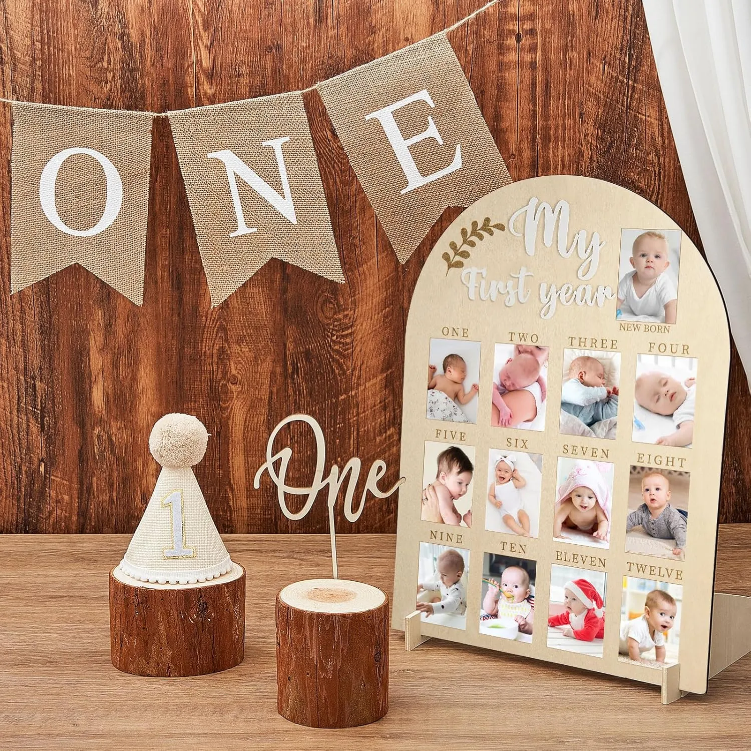 4 Pcs My First Year Photo Board 1st Birthday Wood Acrylic Sign 12 Monthly Picture Frame First Birthday High Chair Banner Cone Hat One Cake Topper First Birthday Decorations for Boy Girls