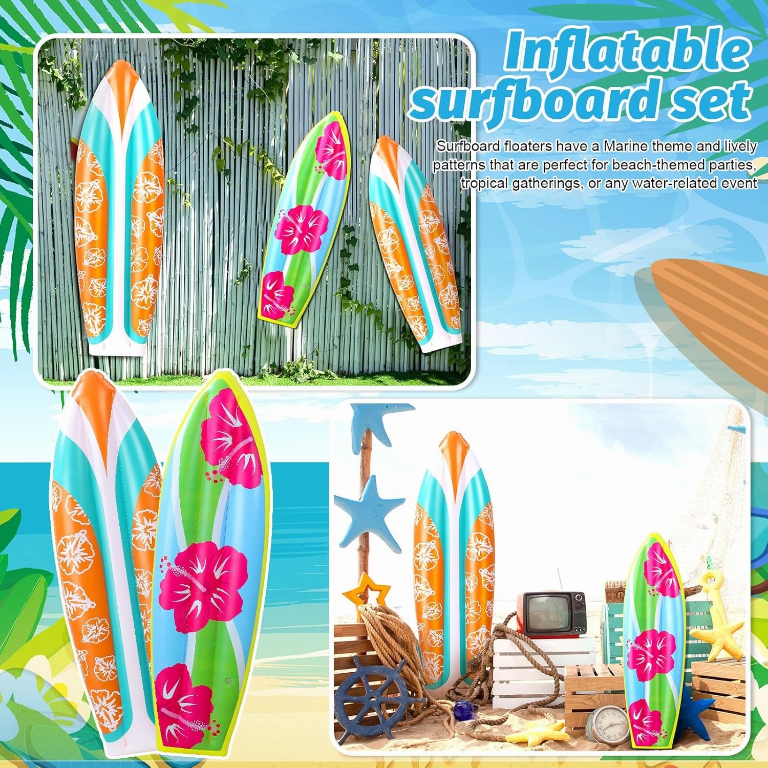 4 Pcs Inflatable Surf Board Inflatable 36 Inch59 Inch Tropical Beach Luau Party Decorations Blow up Surfboard Pool Floats Board for Beach Hawaiian Party Decorations