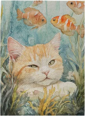 500 pcs Wooden Animal Jigsaw Puzzle,for Adults,Cat Observing Fish in Glass Tank,Relieve Stress and Enjoy The Fun of Solving,Suitable for Party Game Nights and Family Recreation,