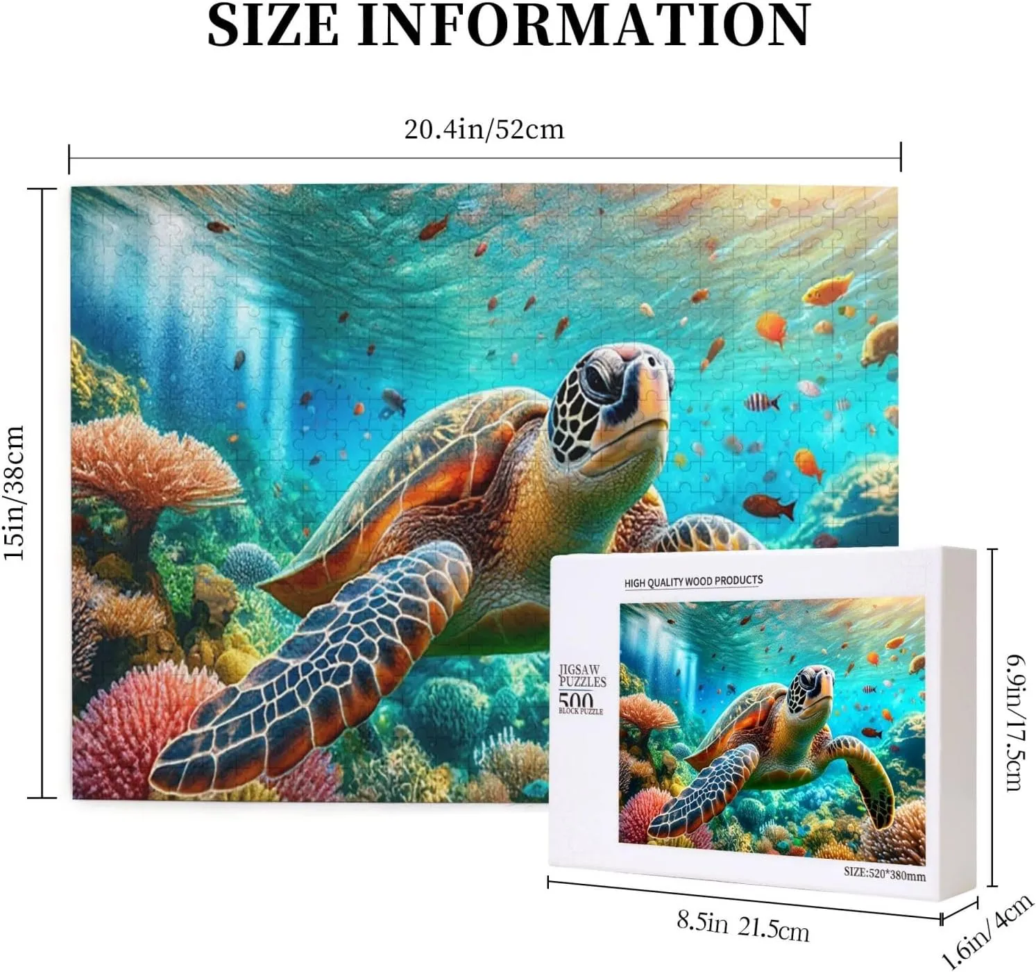 500 Pcs Wooden Jigsaw for Adults, See Vibrant Sea Turtles Swimming Through Reefs and Colorful Fish,Creative Activity Hobbies，Stress Relief,Brainstorming，Forget The Troubles of Life