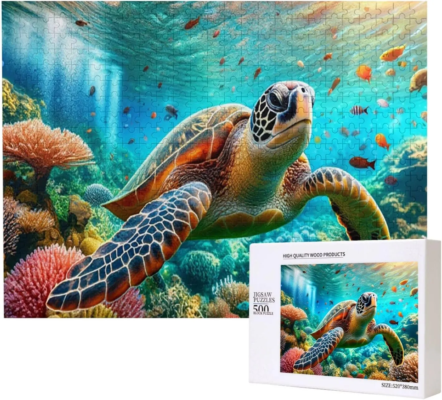 500 Pcs Wooden Jigsaw for Adults, See Vibrant Sea Turtles Swimming Through Reefs and Colorful Fish,Creative Activity Hobbies，Stress Relief,Brainstorming，Forget The Troubles of Life