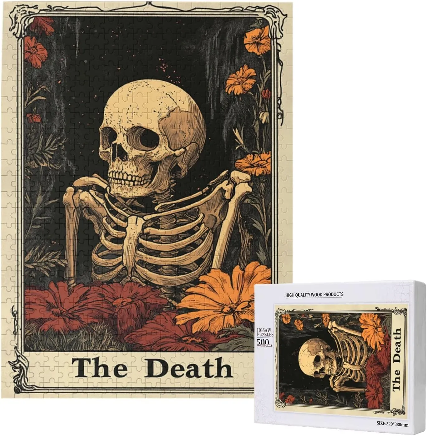 500 Piece Wooden Puzzle for Adults,Skeletal Tarot Card with Intricate Death Symbolism,Brain Training Challenge,Stress Relief Activity,Gothic Divination Artwork,Eco-Friendly Pieces