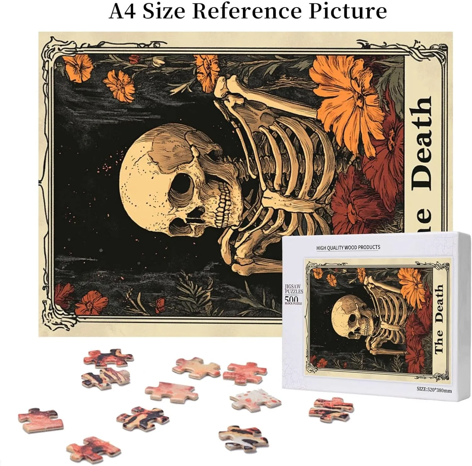 500 Piece Wooden Puzzle for Adults,Skeletal Tarot Card with Intricate Death Symbolism,Brain Training Challenge,Stress Relief Activity,Gothic Divination Artwork,Eco-Friendly Pieces