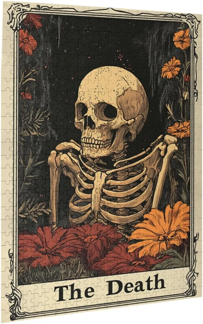 500 Piece Wooden Puzzle for Adults,Skeletal Tarot Card with Intricate Death Symbolism,Brain Training Challenge,Stress Relief Activity,Gothic Divination Artwork,Eco-Friendly Pieces
