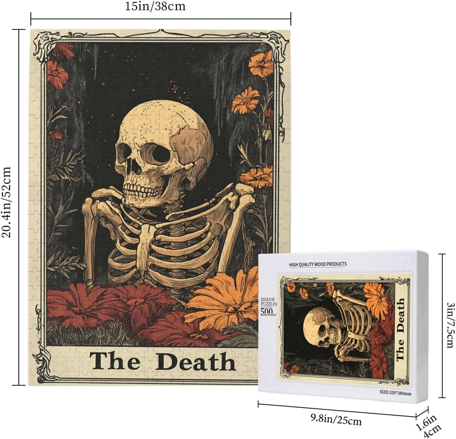 500 Piece Wooden Puzzle for Adults,Skeletal Tarot Card with Intricate Death Symbolism,Brain Training Challenge,Stress Relief Activity,Gothic Divination Artwork,Eco-Friendly Pieces