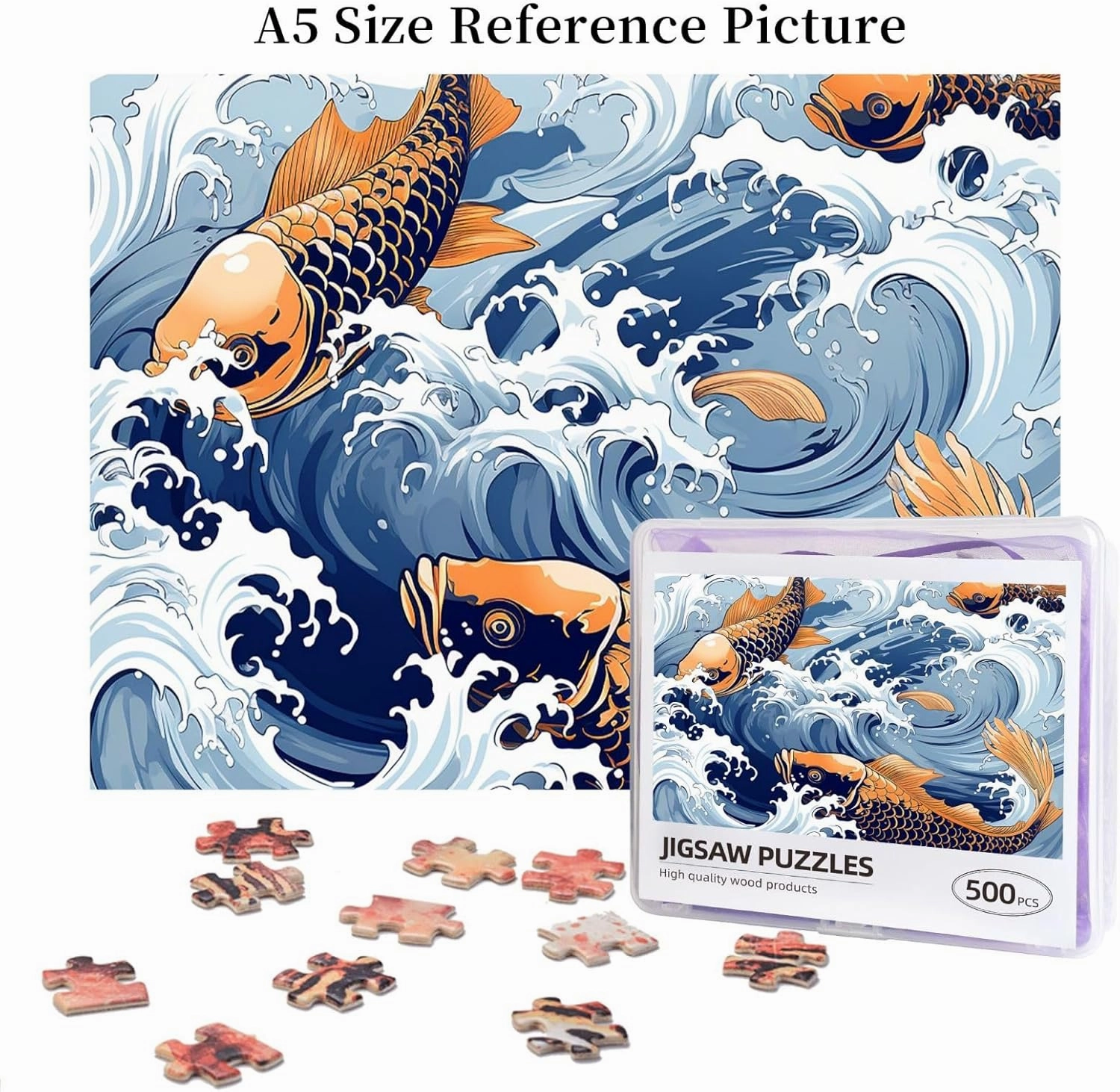 500 Piece Jigsaw Puzzle for Adults Challenging Puzzle for Game Nights Gifts Personalized Picture Puzzle Ocean Wave Fish Custom Wood Puzzle for Family, Finished Size 20.4"x15"