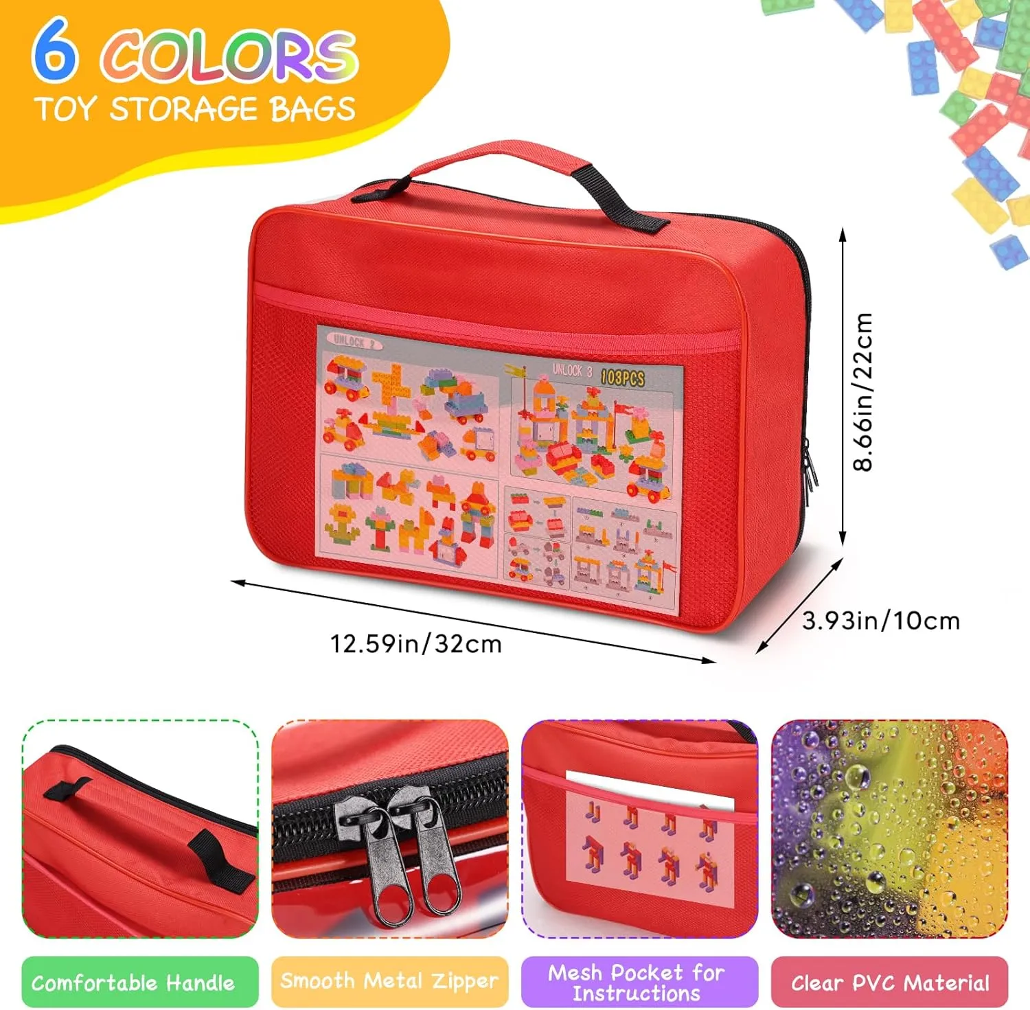 6 Pack Toy Storage Bags with Zipper, Reusable Organizing Bags with Portable Handle, Travel Case for Building Blocks, Bricks, Puzzles, Books, Board Game Storage