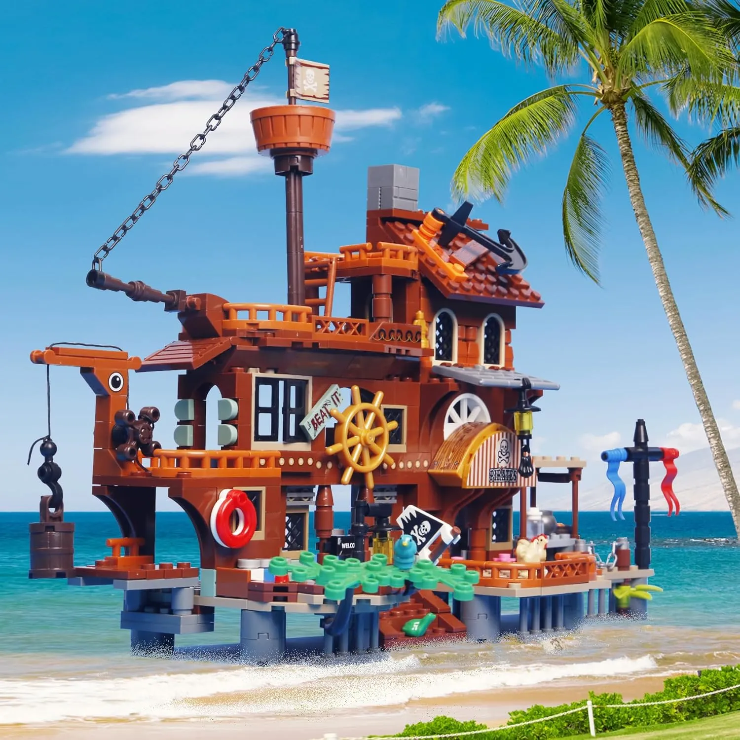 675PCS Island Storm Building Blocks Set,Rebuild and Display Medieval Pirate's Island House and Pirate Ship,Unique Birthday Gift for 6  Kids or Adults