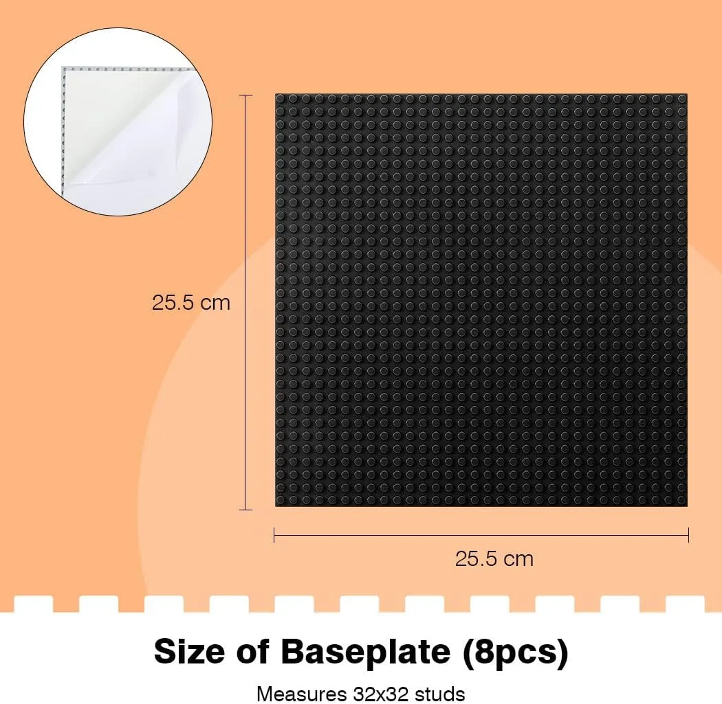8 Pack Peel-and-Stick Building Baseplates, 10”x10” Classic Building Boards - 100% Compatible with All Major Brands of Toy Building Sets, Sturdy Stacking Play Table Top, Black