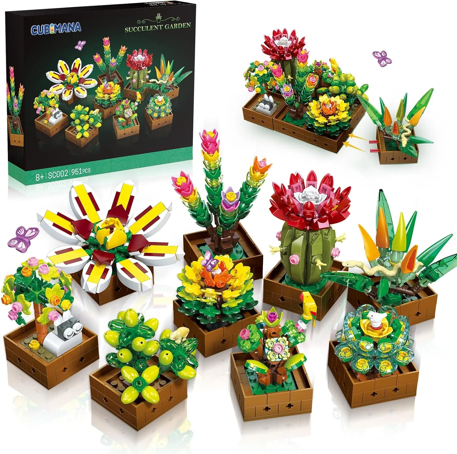 9 Succulents Plants Building Set, 951 PCS Flowers Botanical Collection Bonsai Artificial Plant Set Building Blocks Toy for Home House Decor Birthday Housewarming Gift for Adults Women Kids 8 