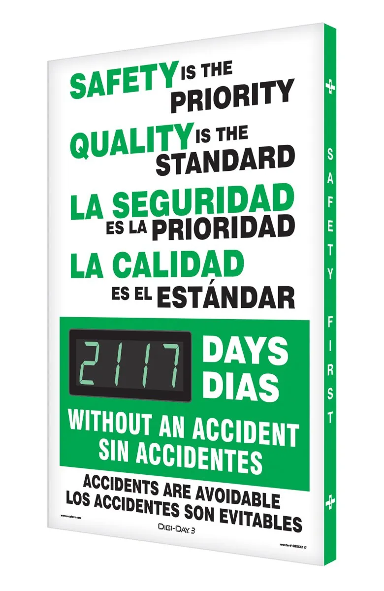 AccuformNMC Digi-Day Spanish Bilingual Electronic Safety Scoreboard SBSCK117, Track Days We Worked Without A Lost Time Accident, Aluminum 28”L x 20”W x 1”D, Bright LED Display with Remote, Made in USA
