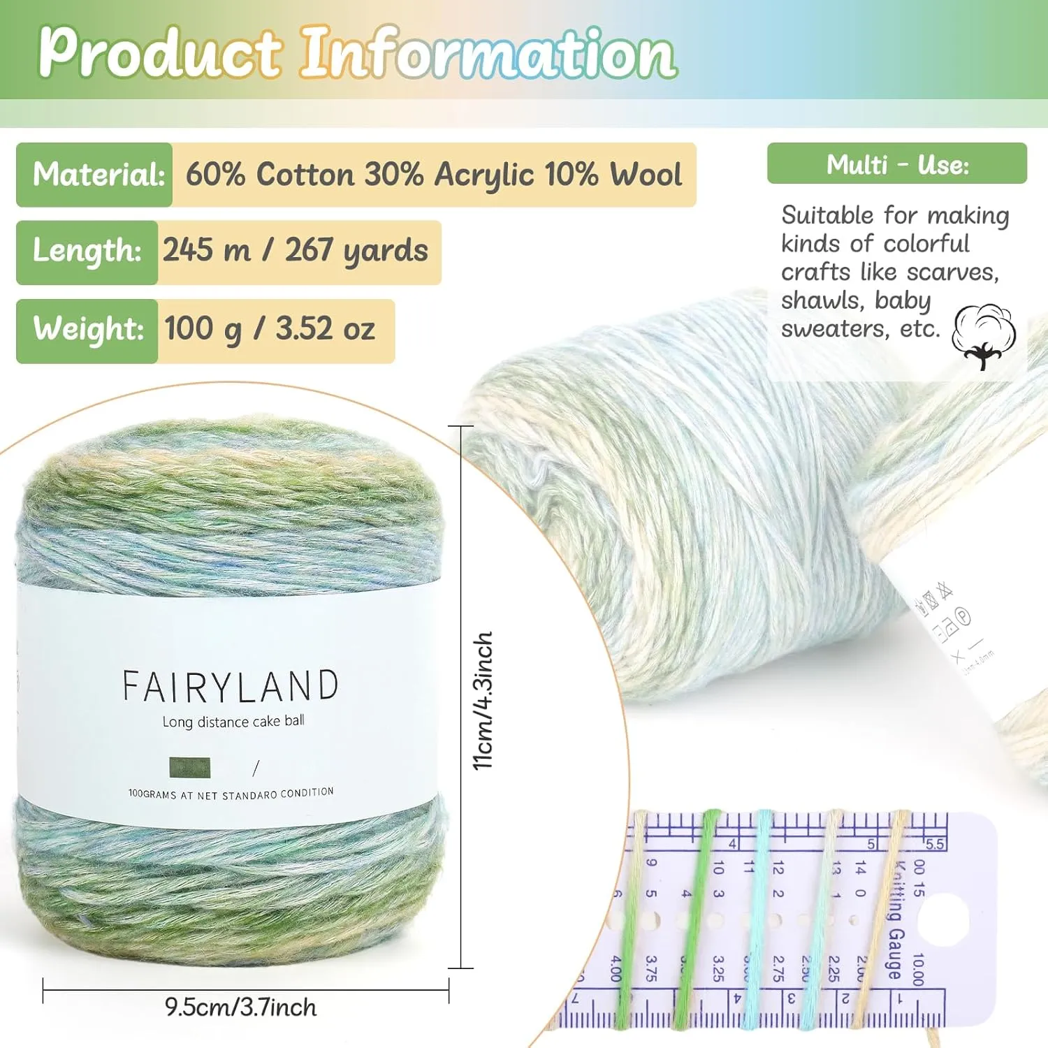 Aeelike Gradient Yarn for Crocheting, 3 Skeins Cake Yarn 100g (3.52 oz) 245m (267 Yards), Super Soft Ombré Yarns Cake Gradient Cake Yarn for Making Colorful Crafts, Green Gradient