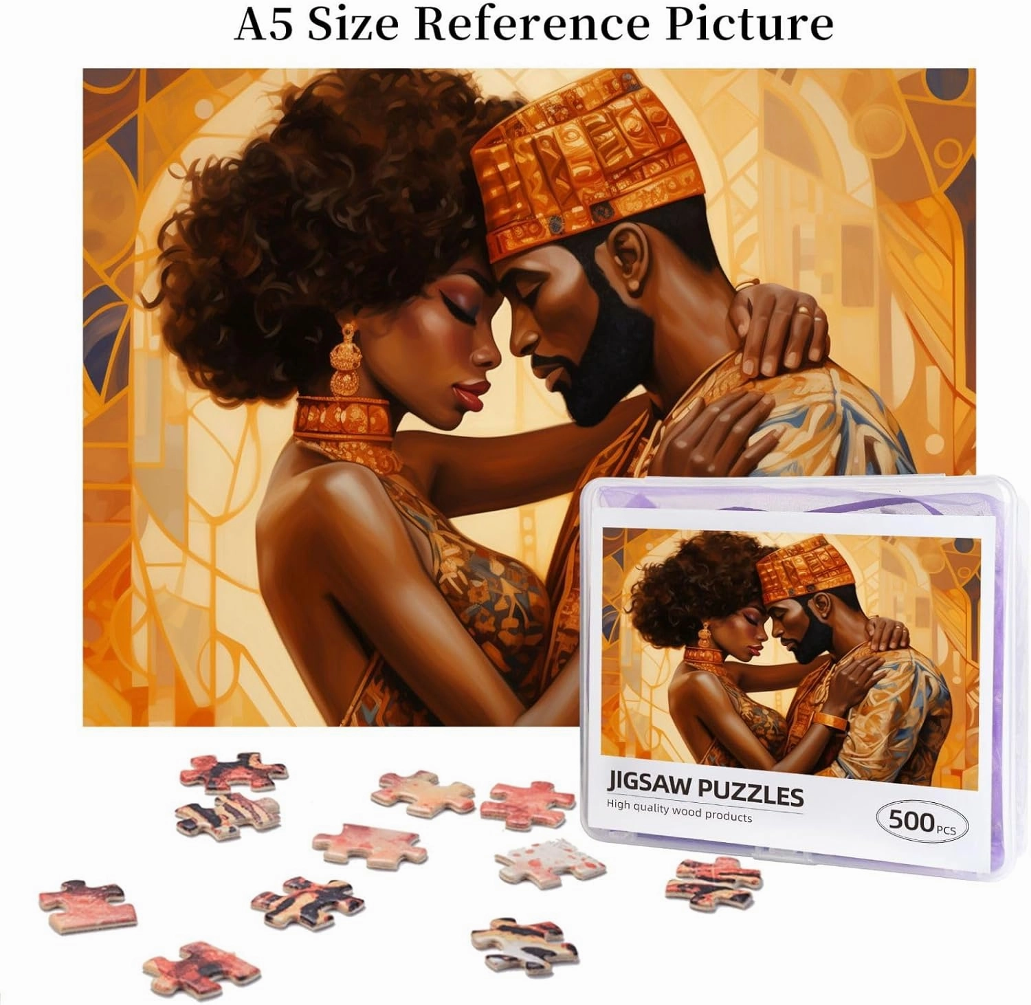African Black Couple Jigsaw Puzzles for Adults 500 Pieces Puzzle Fun Family Game Oil Painting Teenagers Toy Educational Intellectual Decompressing （1 Plastic Box
