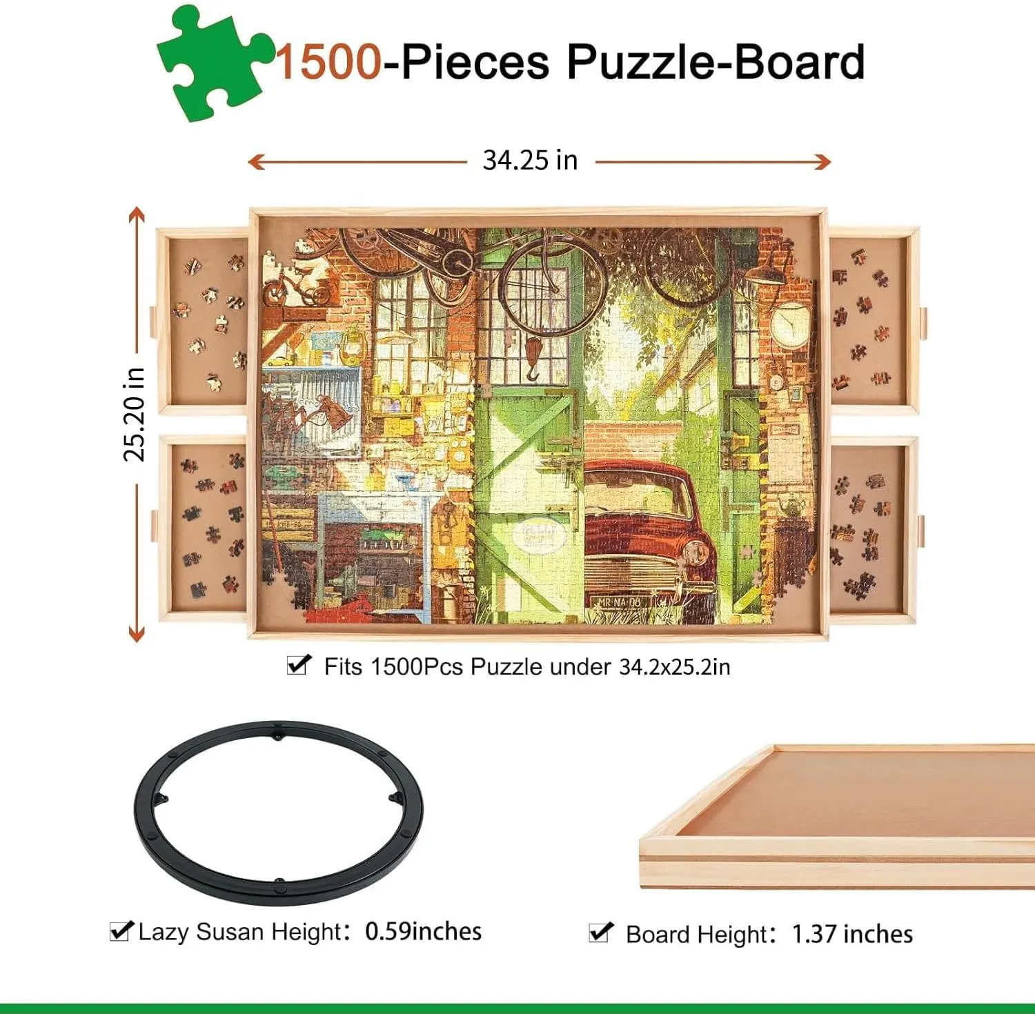 ALL4JIG 1500 Piece Rotating Puzzle Board with Drawers and Cover,25"x34"Portable Wooden Jigsaw Puzzle Table for Adults Portable,Lazy Susan Spinning Puzzle Boards Birthday Gift for mom
