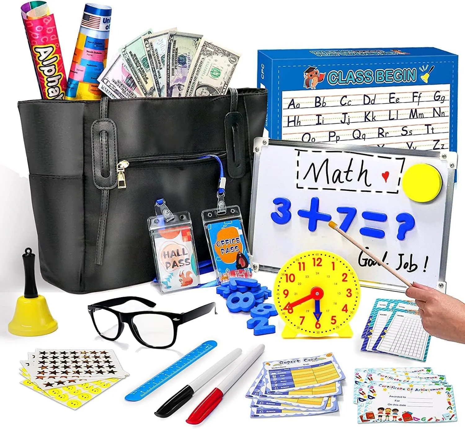 Alritz Pretend Play Teacher Set Classroom Learning Education Includes Reusable White Board Bell Clock and More, Be Teacher Student, for Boys Girls 5 6 7 8 9 10 11 12  Years Old