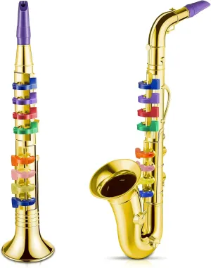 Amylove Set of 2 Musical Instruments Including Toy Clarinet Saxophone Plastic Saxophone Finish Toy Instruments Clarinet with 8 Colored Keys for Music Little One Home School Music Gift(Gold)
