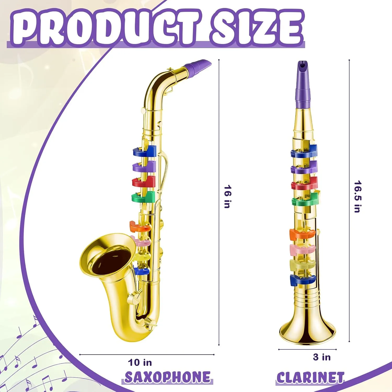 Amylove Set of 2 Musical Instruments Including Toy Clarinet Saxophone Plastic Saxophone Finish Toy Instruments Clarinet with 8 Colored Keys for Music Little One Home School Music Gift(Gold)