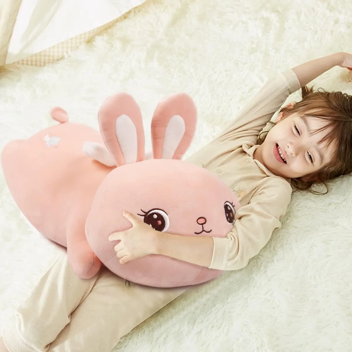 ARELUX 21.7" Pink Stuffed Animal Pillow,Easter Bunny Plush Soft Hugging Toys,Cute Rabbit Doll Throw Pillow with Wings, Gifts for Girls Kids Birthday