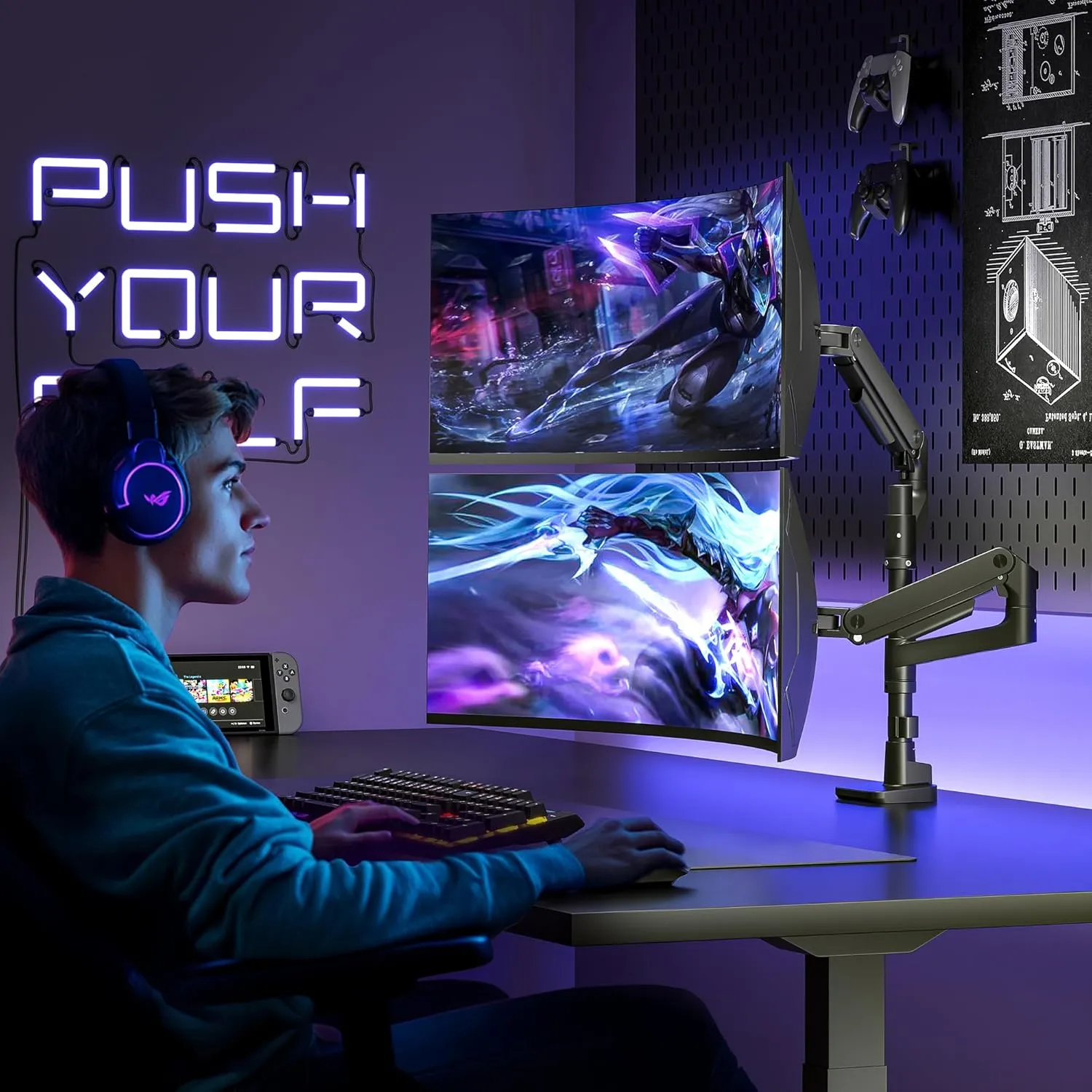 ARES WING Dual Monitor Arm Desk Mount for 17-49 Inch Ultrawide Monitors, Heavy Duty Dual Monitor Mount Holds 44 lbs, Full Motion Gas Spring Vertical Stacked Monitor Mount, 75/100 VESA Mount, Black