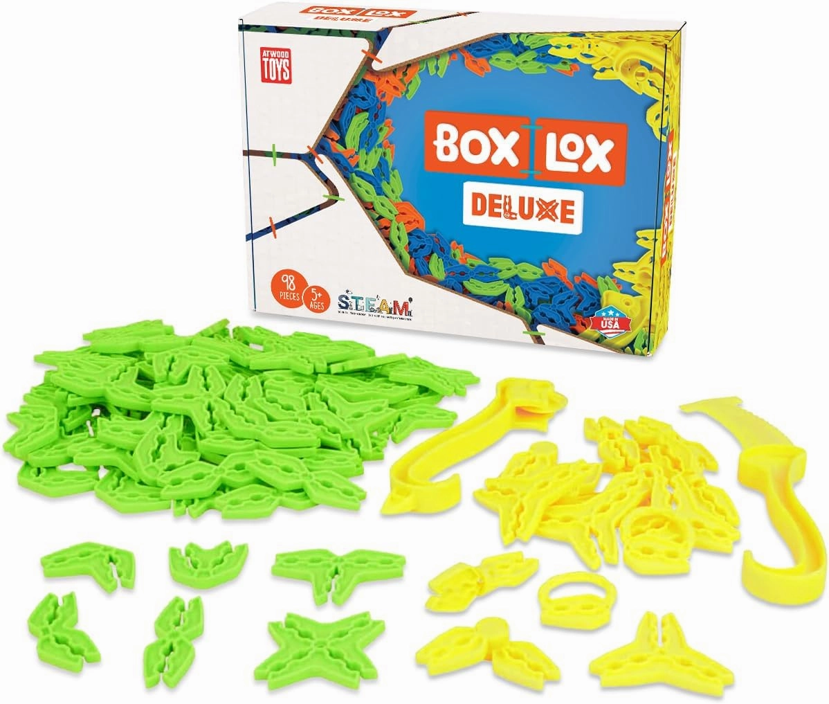 Atwood Toys Box Lox 98 pcs Creative Cardboard Building kit - Construction Toys for Girls and Boys Educational STEM (Neon Green Deluxe)