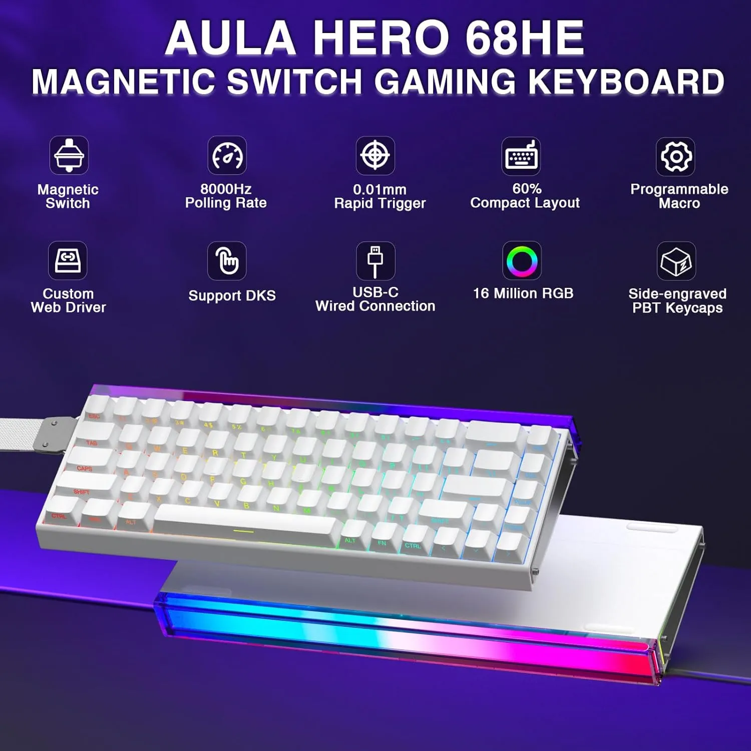 AULA HERO 68 HE 60% Gaming Keyboard Wired, Hall Effect Magnetic Switch Keyboard with Adjustable Actuation, Rapid Trigger Mode, 8K Hz Polling Rate, 0.125ms Latency,Side Printed PBT Keycaps, RGB Backlit
