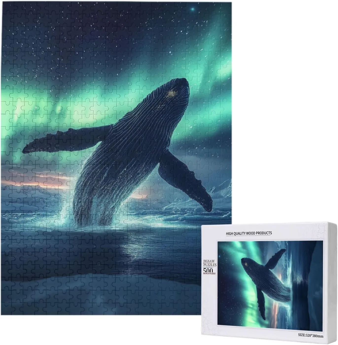 Aurora Jigsaw Puzzle 500 Pieces, Glacier Big Fish, Vibrant Design, Wooden Puzzle for Adults, Creative Games and Holiday Party Gift Artwork Wall Home Decor, Release Stress, Relax