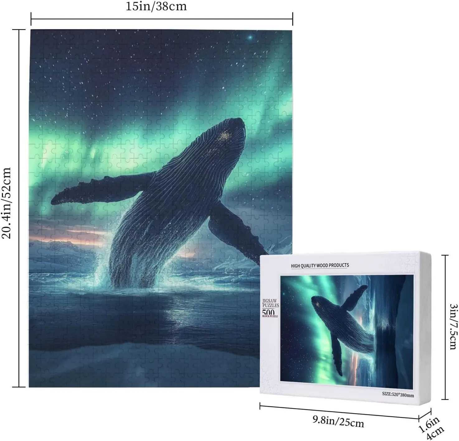Aurora Jigsaw Puzzle 500 Pieces, Glacier Big Fish, Vibrant Design, Wooden Puzzle for Adults, Creative Games and Holiday Party Gift Artwork Wall Home Decor, Release Stress, Relax