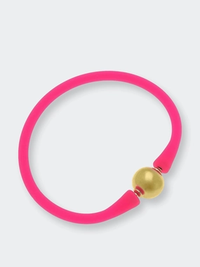 Bali 24K Gold Plated Ball Bead Silicone Bracelet in Neon Pink