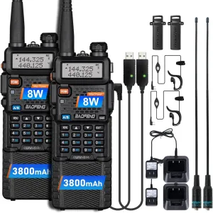 BAOFENG Radios UV-5R 8W Ham Radio Handheld, Rechargerable 3800mAh USB Battery Rapid Two Way Radio Emergency Walkie Talkies, Long Range Dual Band Survival Gear, 2 Pack