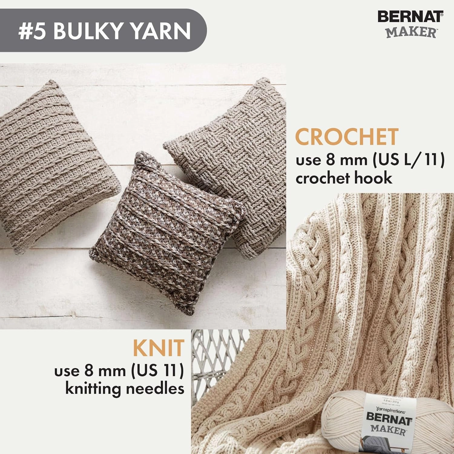 Bernat Maker Clay Yarn - 2 Pack of 250g/8.8oz - 72% Cotton 28% Nylon - #5 Bulky - 290m/317Yards - for Knitting, Crochet and Amigurumi