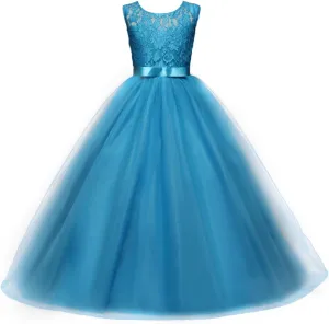 Big Girl Flower Lace Princess Tulle Long Dress for Kids Prom Formal Pageant Dance Gown