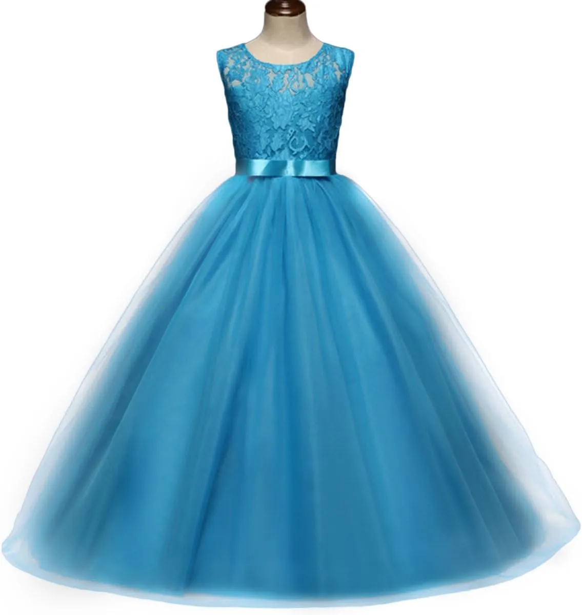 Big Girl Flower Lace Princess Tulle Long Dress for Kids Prom Formal Pageant Dance Gown