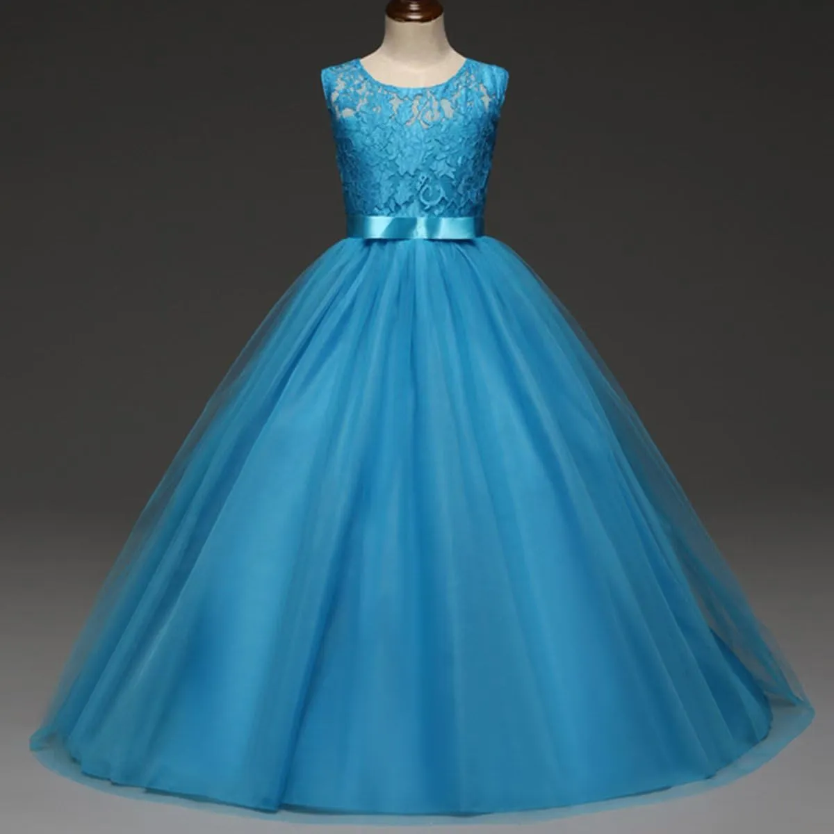 Big Girl Flower Lace Princess Tulle Long Dress for Kids Prom Formal Pageant Dance Gown