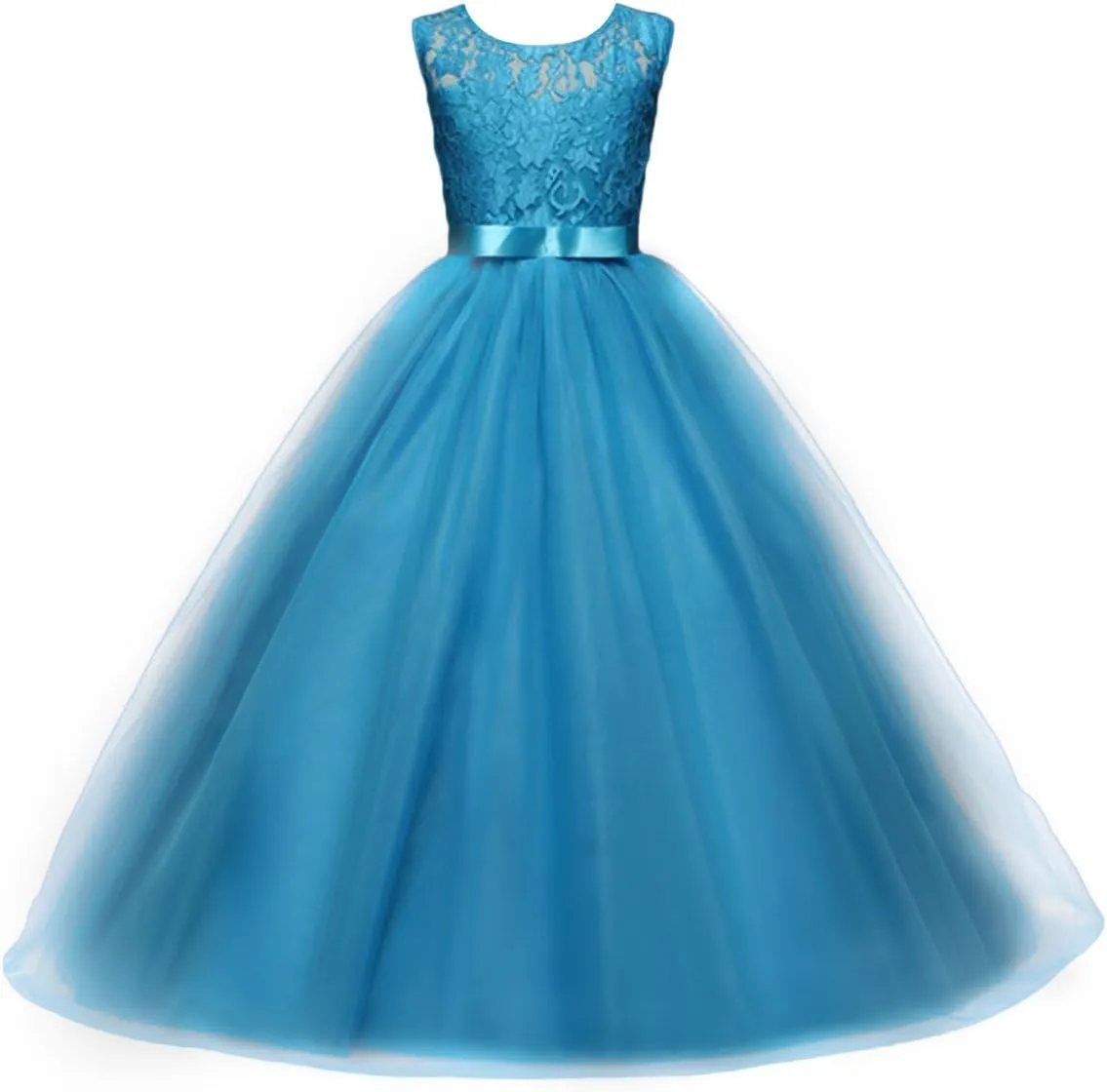 Big Girl Flower Lace Princess Tulle Long Dress for Kids Prom Formal Pageant Dance Gown
