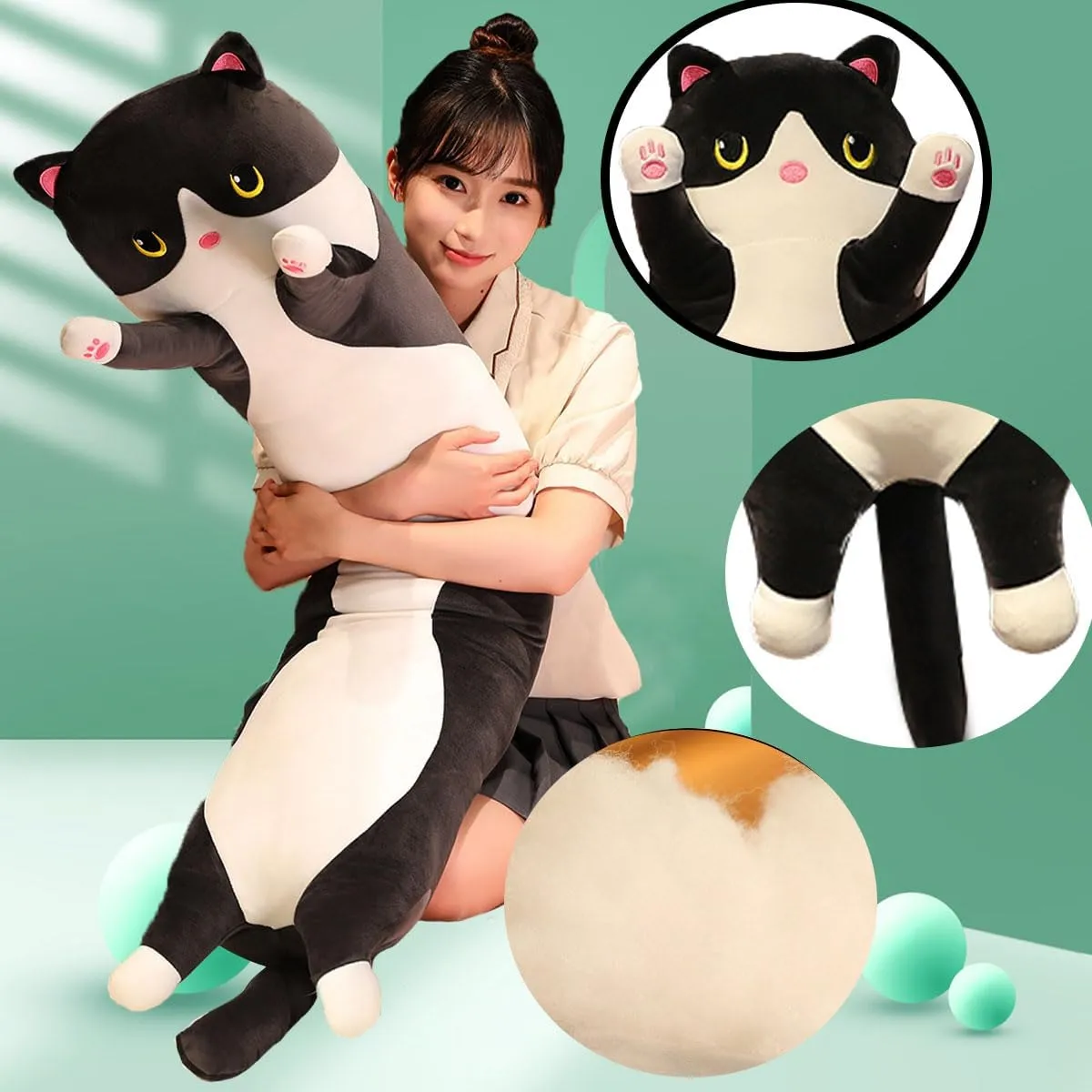 Black Cat Long Plush Pillow Cat Stuffed Animals Soft Sleeping Throw Pillow Doll Toy (Black,27inches)