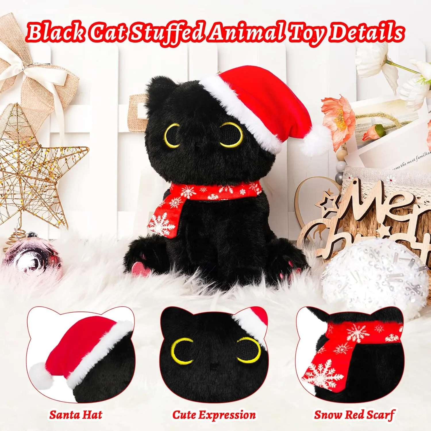 Black Cat Plush, 9In Christmas Plush Black Cat Stuffed Animals Toy for Kids, Cute Stuffed Cat Plushies Toy for Girls Boys, Kawaii Kitten for Boys and Girls