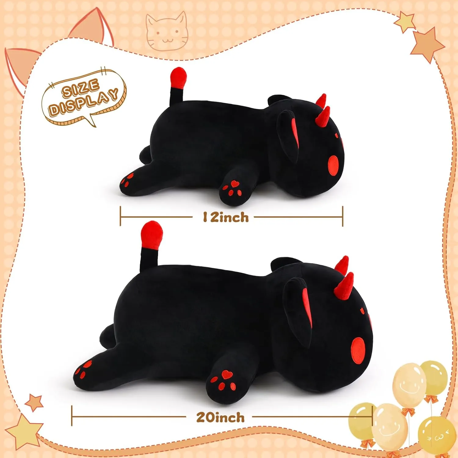 Black Cat Plush Pillow Kawaii Toy Cute Soft Cat Stuffed Animals Kitten Plushie Doll Great Gift for Kids and Adult Birthday Christmas Valentines, 20", Black Red