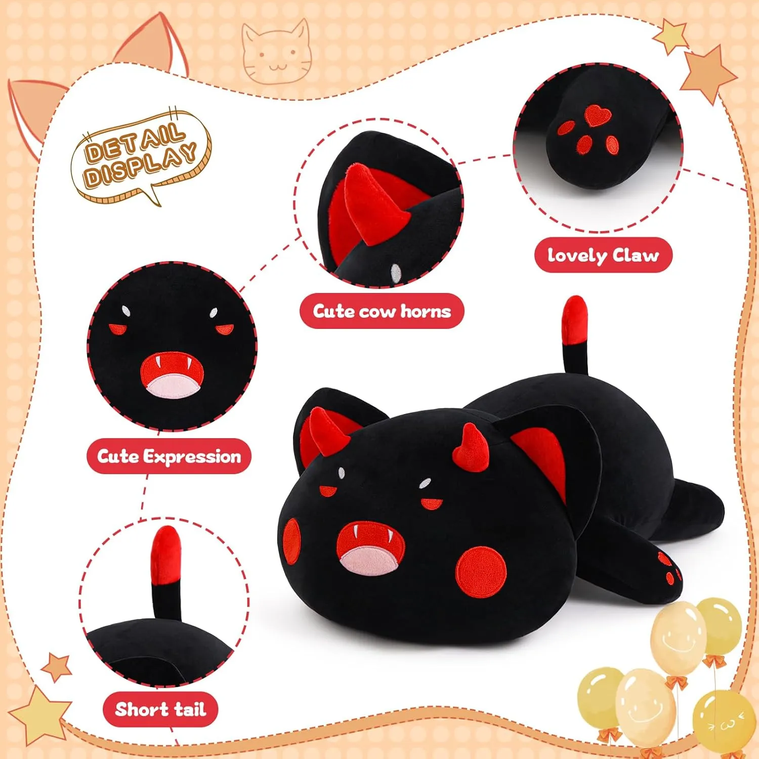 Black Cat Plush Pillow Kawaii Toy Cute Soft Cat Stuffed Animals Kitten Plushie Doll Great Gift for Kids and Adult Birthday Christmas Valentines, 20", Black Red