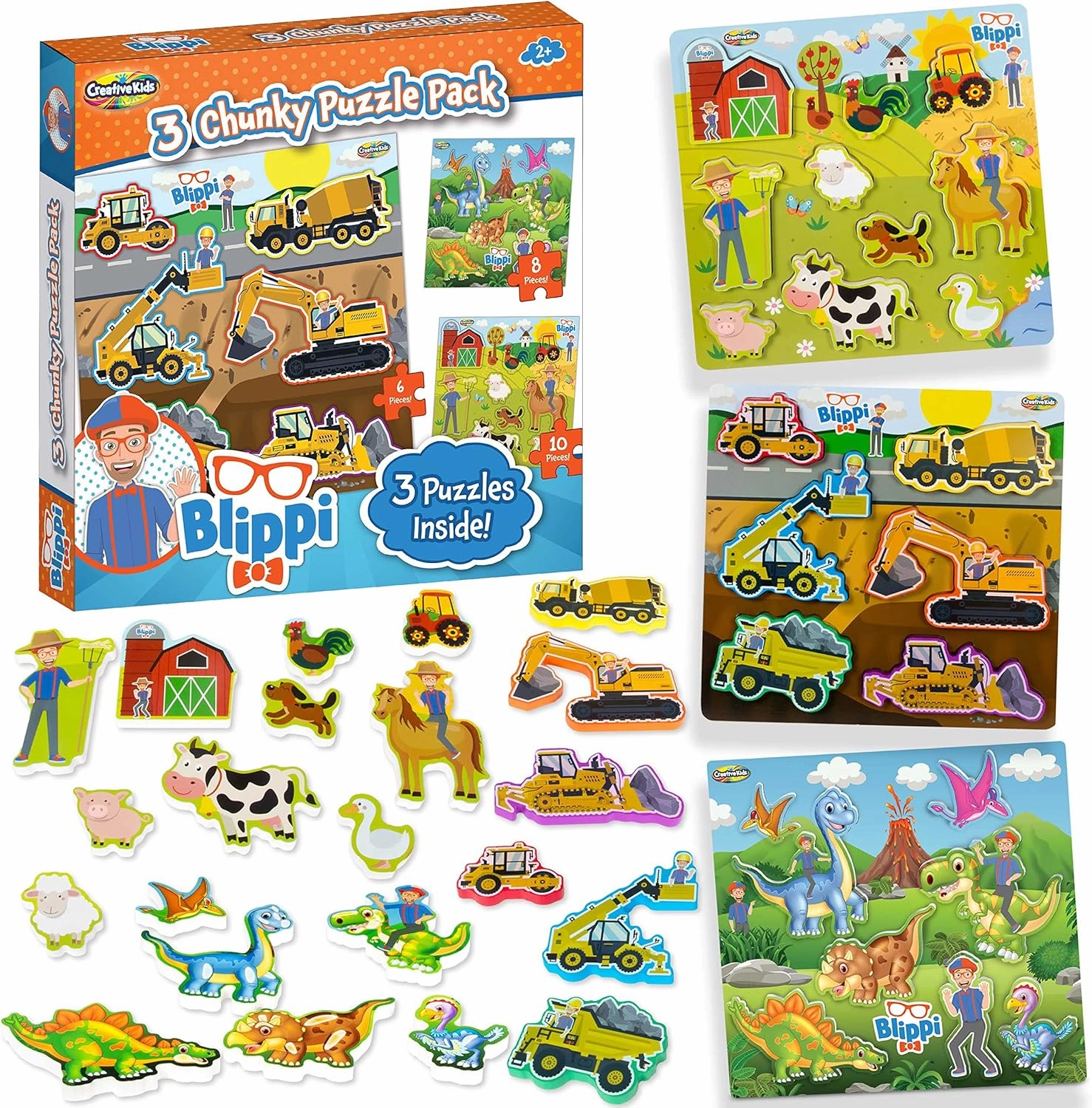 Blippi Toys for Kids by Creative Kids - 3 Chunky Puzzles for Toddlers - Wooden Animal Dinosaur Construction Puzzles - Toddler Puzzles Educational Learning Gifts Wooden Toys for Kids Ages 2 