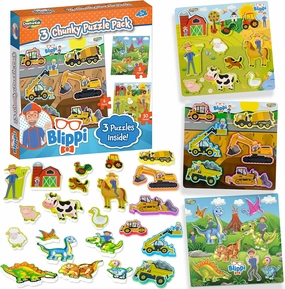 Blippi Toys for Kids by Creative Kids - 3 Chunky Puzzles for Toddlers - Wooden Animal Dinosaur Construction Puzzles - Toddler Puzzles Educational Learning Gifts Wooden Toys for Kids Ages 2 