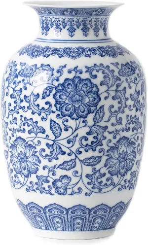Blue and White Vase, Blue Vases Home Décor, Chinoiserie Vase, Blue and White Porcelain, Ceramic Vase for Home, Living Room, Bookshelf, Mantle Fireplace,Table Centerpieces,9"